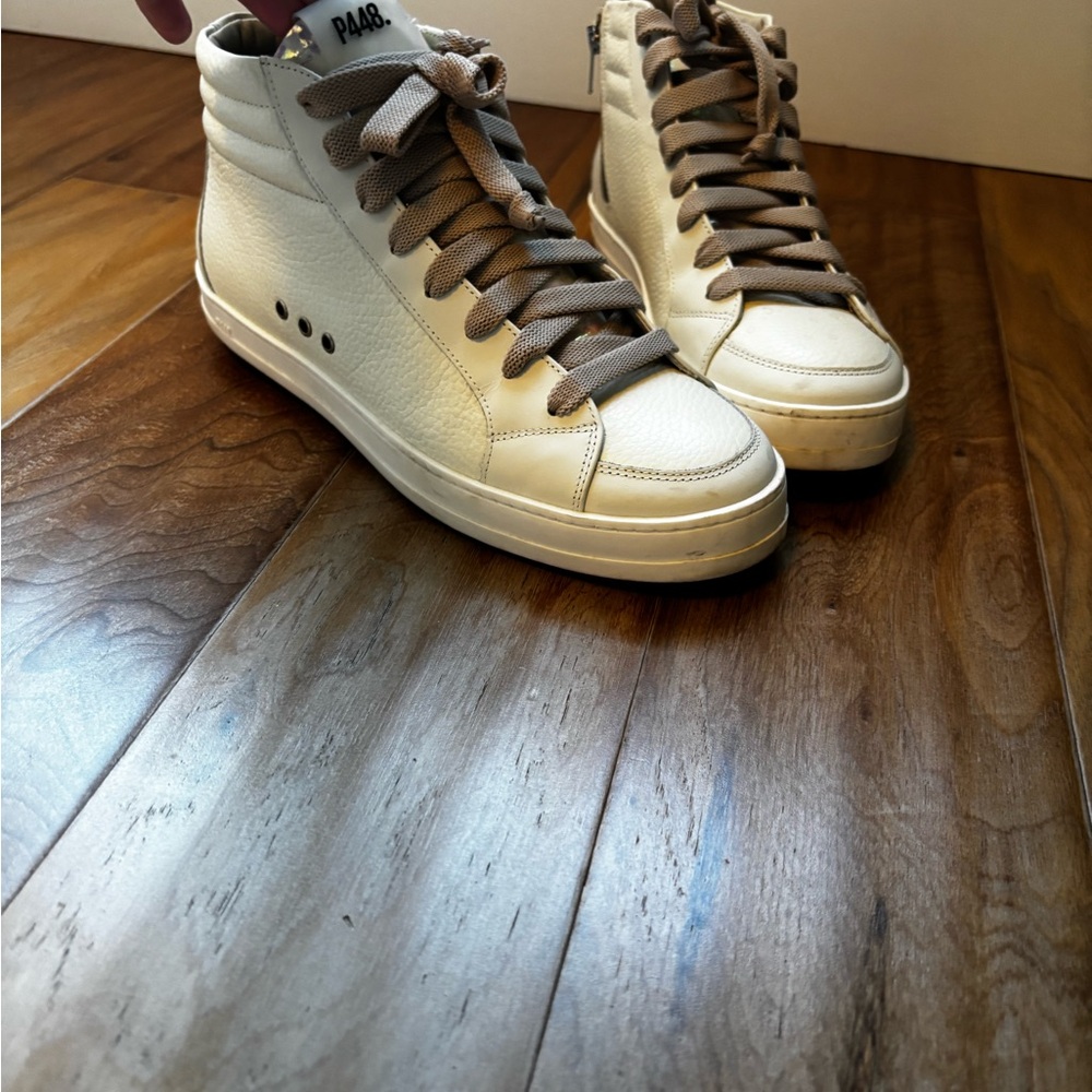 P448 Skate High-Top Sneakers white, iridescent tongue, pink laces EU 40 9.5 - Picture 4 of 5